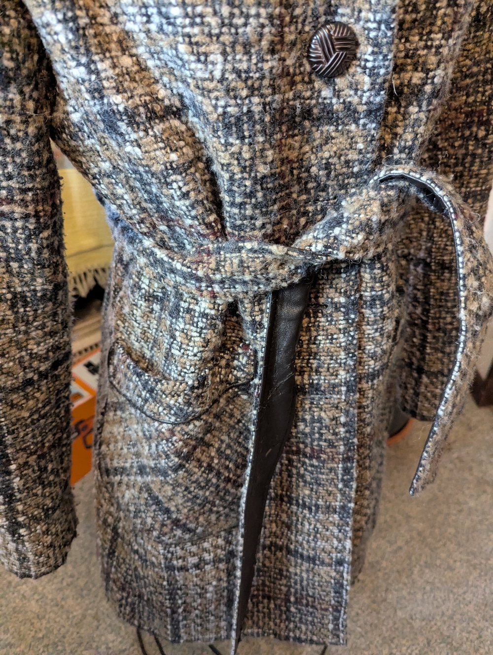 Exc DKNY BrnPld NubbyTweed Lg Collar Lthr Wool Belt Sz 10